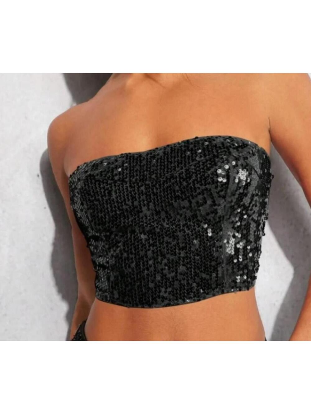 Musera Sequin Going Out Tube Top Women's Medium Dark Green Shimmer Cropped NWT